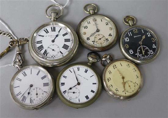 A silver-cased pocket watch with silver chain, an H. Williamson Ltd military plated example and four other pocket watches,